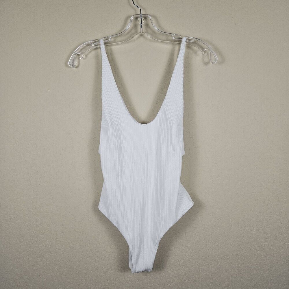 Minimalist White One Piece Swimsuit Womens M Ribbed Resort Cruise Vacation Beach - Picture 3 of 15